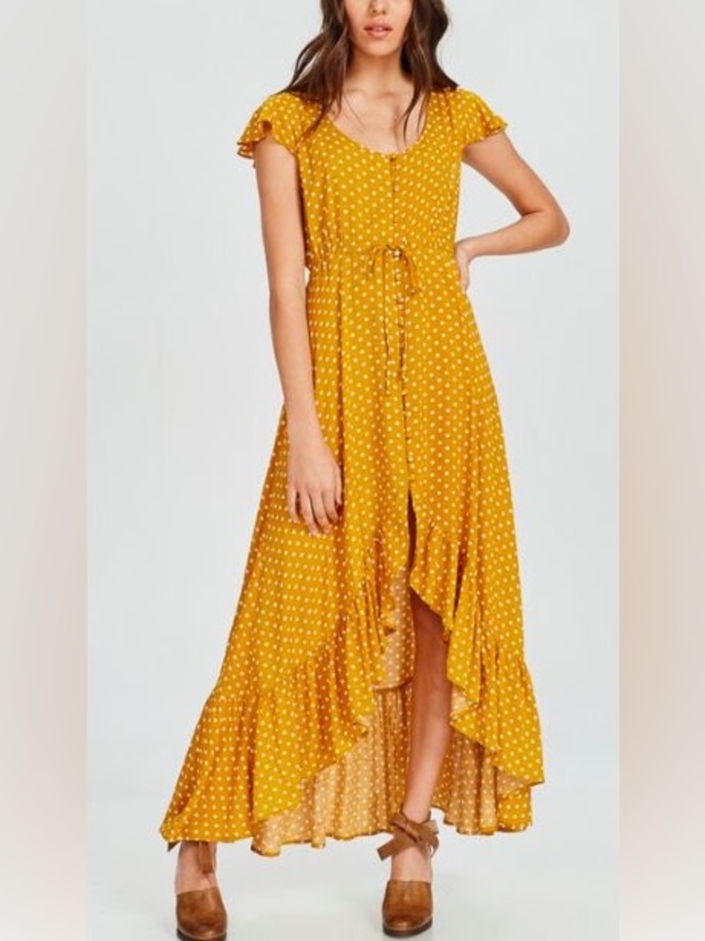 Wishlist Polka Dot Flutter Cap Sleeve Mustard Yellow Maxi Dress Boho